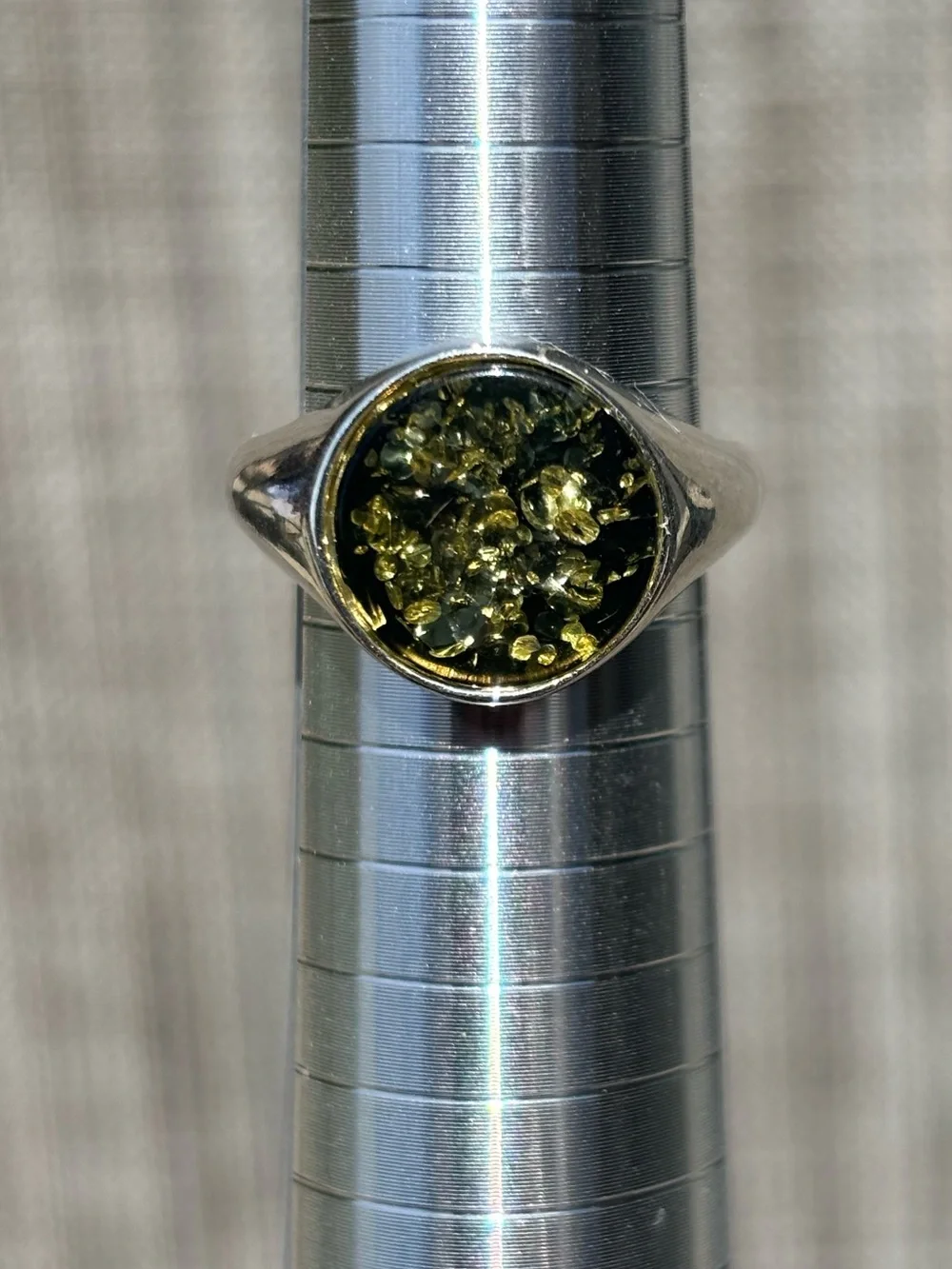 Stunning Sterling Silver Green Amber Signet Ring - Women's Size 8.5